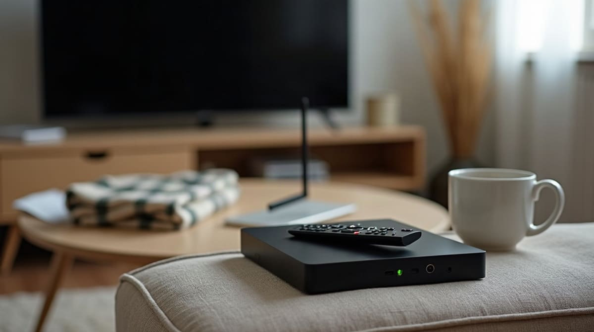 Salon avec télécommande sur un canapé, boîtier TV, câble HDMI et téléviseur éteint