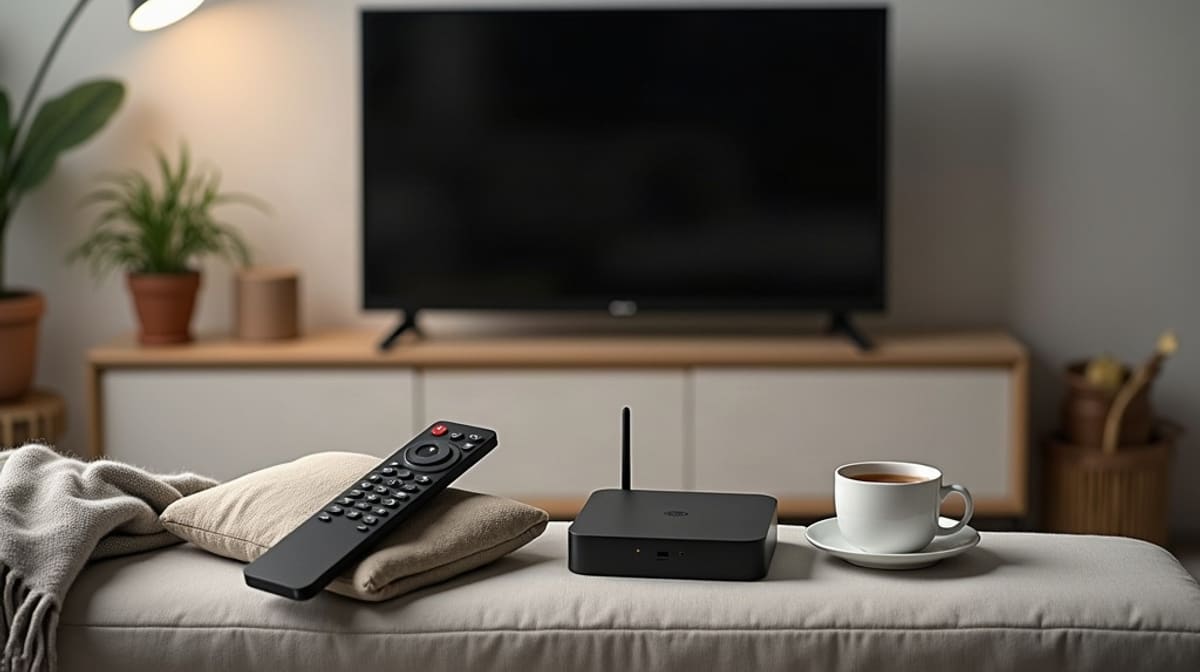 Télécommande posée sur un canapé devant une télévision éteinte, avec un boîtier et un câble HDMI