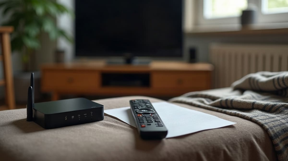 Salon avec télécommande sur un canapé, boîtier TV, câble HDMI et téléviseur éteint