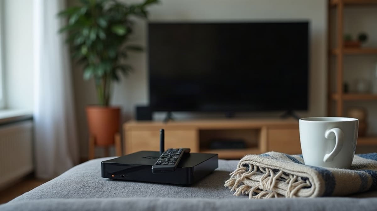 Salon avec télécommande sur un canapé, boîtier TV, câble HDMI et téléviseur éteint